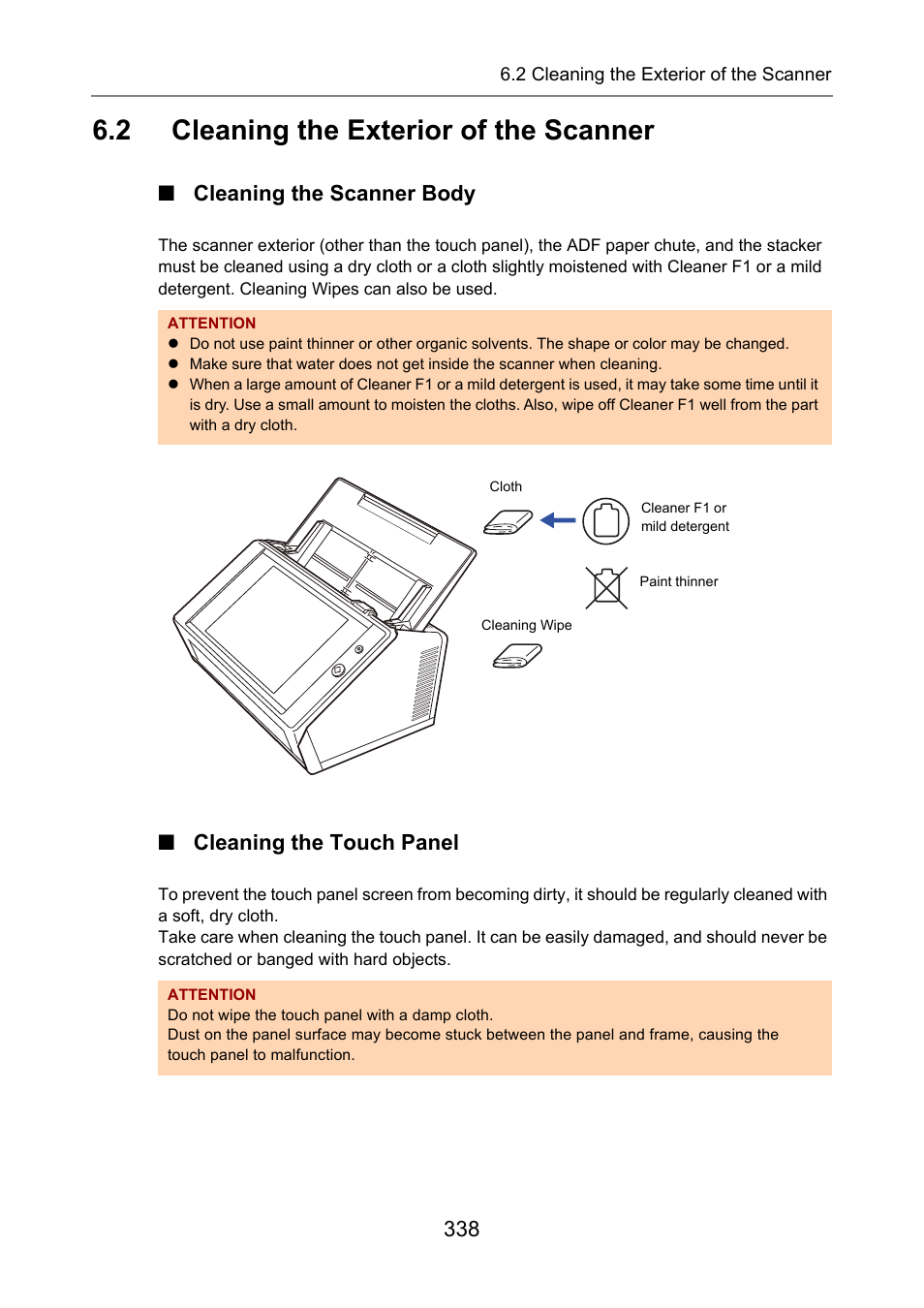 2 cleaning the exterior of the scanner, Cleaning the scanner body, Cleaning the touch panel | Cleaning the exterior of the scanner | Fujitsu Ricoh Fujitsu N7100E Network Image Scanner User Manual | Page 338 / 482