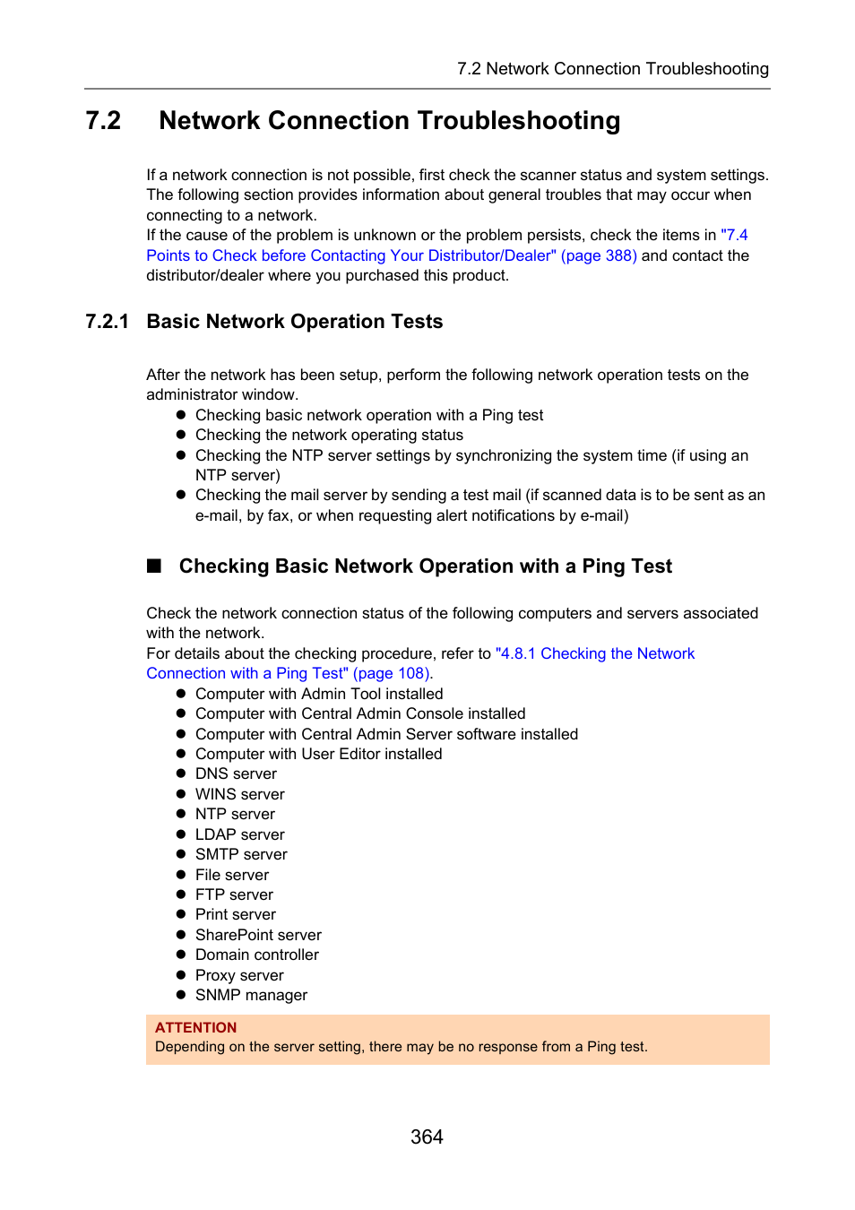 2 network connection troubleshooting, 1 basic network operation tests, Checking basic network operation with a ping test | Network connection troubleshooting | Fujitsu Ricoh Fujitsu N7100E Network Image Scanner User Manual | Page 364 / 482