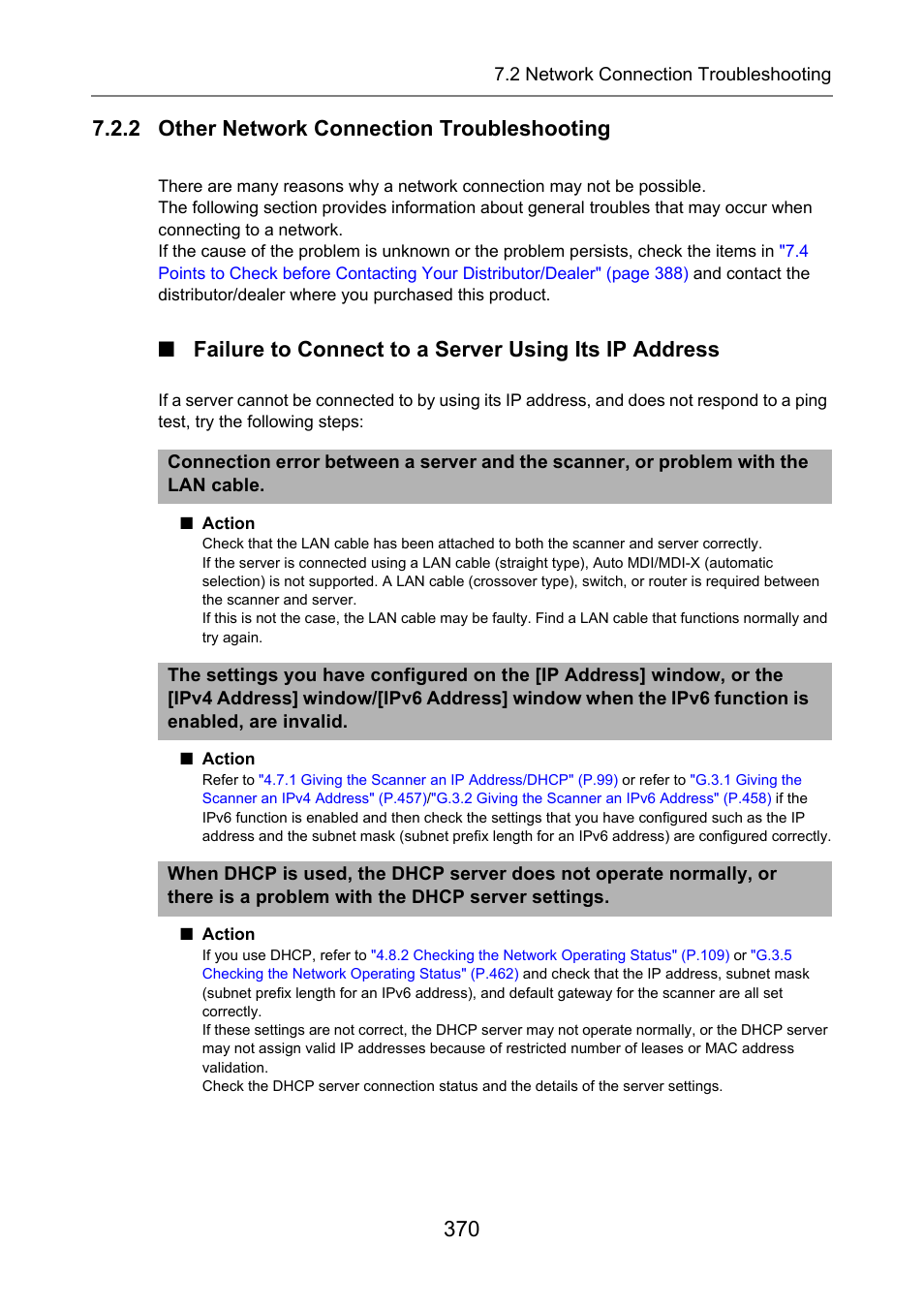2 other network connection troubleshooting, For furth, Work, refer to | Failure to connect, To a server using its ip address" (p.370) | Fujitsu Ricoh Fujitsu N7100E Network Image Scanner User Manual | Page 370 / 482