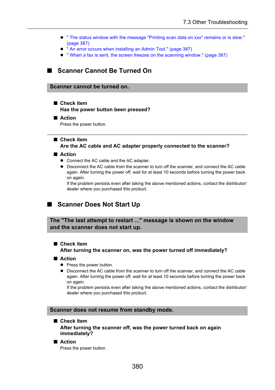 Scanner cannot be turned on, Scanner does not start up | Fujitsu Ricoh Fujitsu N7100E Network Image Scanner User Manual | Page 380 / 482