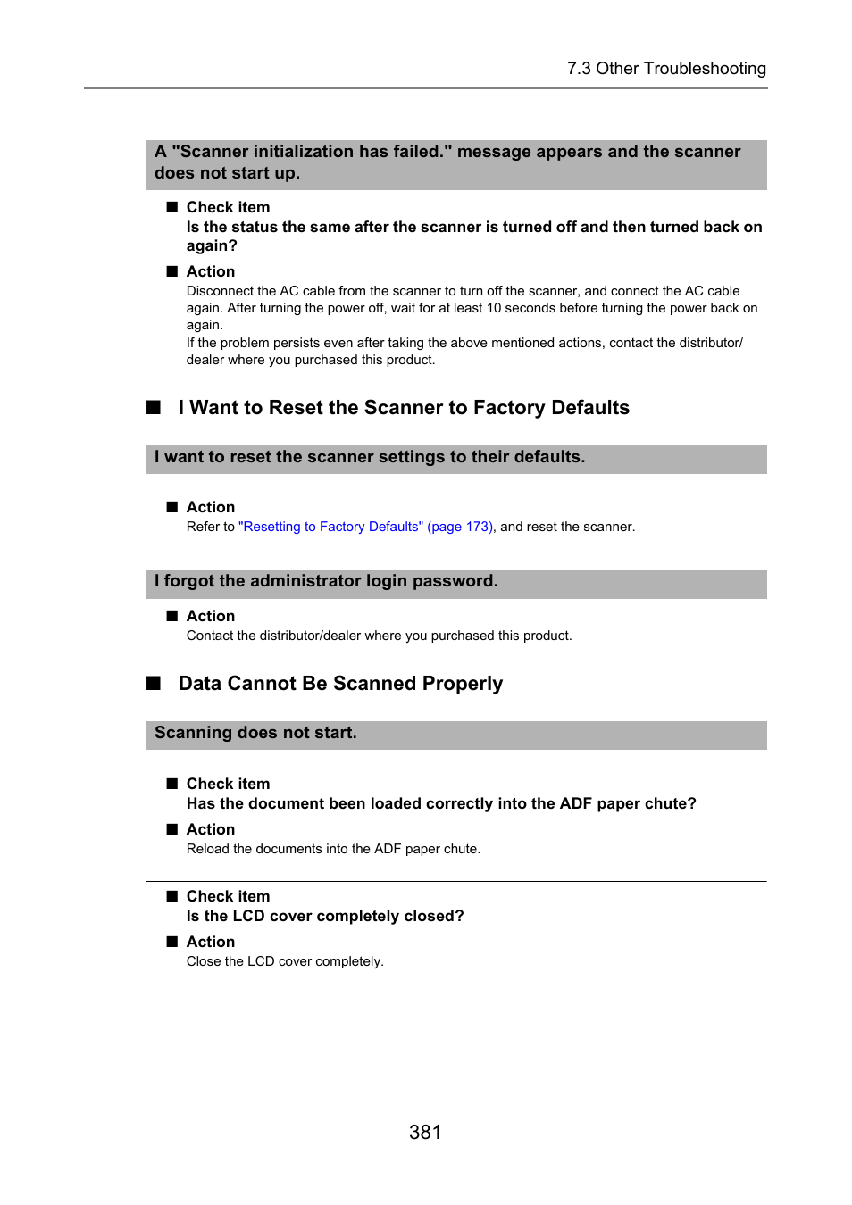 I want to reset the scanner to factory defaults, Data cannot be scanned properly | Fujitsu Ricoh Fujitsu N7100E Network Image Scanner User Manual | Page 381 / 482