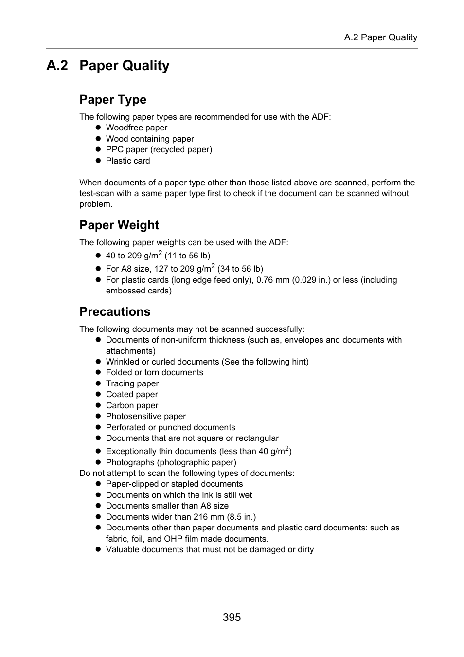 A.2 paper quality, N in, P.395) | A.2 paper quality" (p.395), Paper type, Paper weight, Precautions | Fujitsu Ricoh Fujitsu N7100E Network Image Scanner User Manual | Page 395 / 482