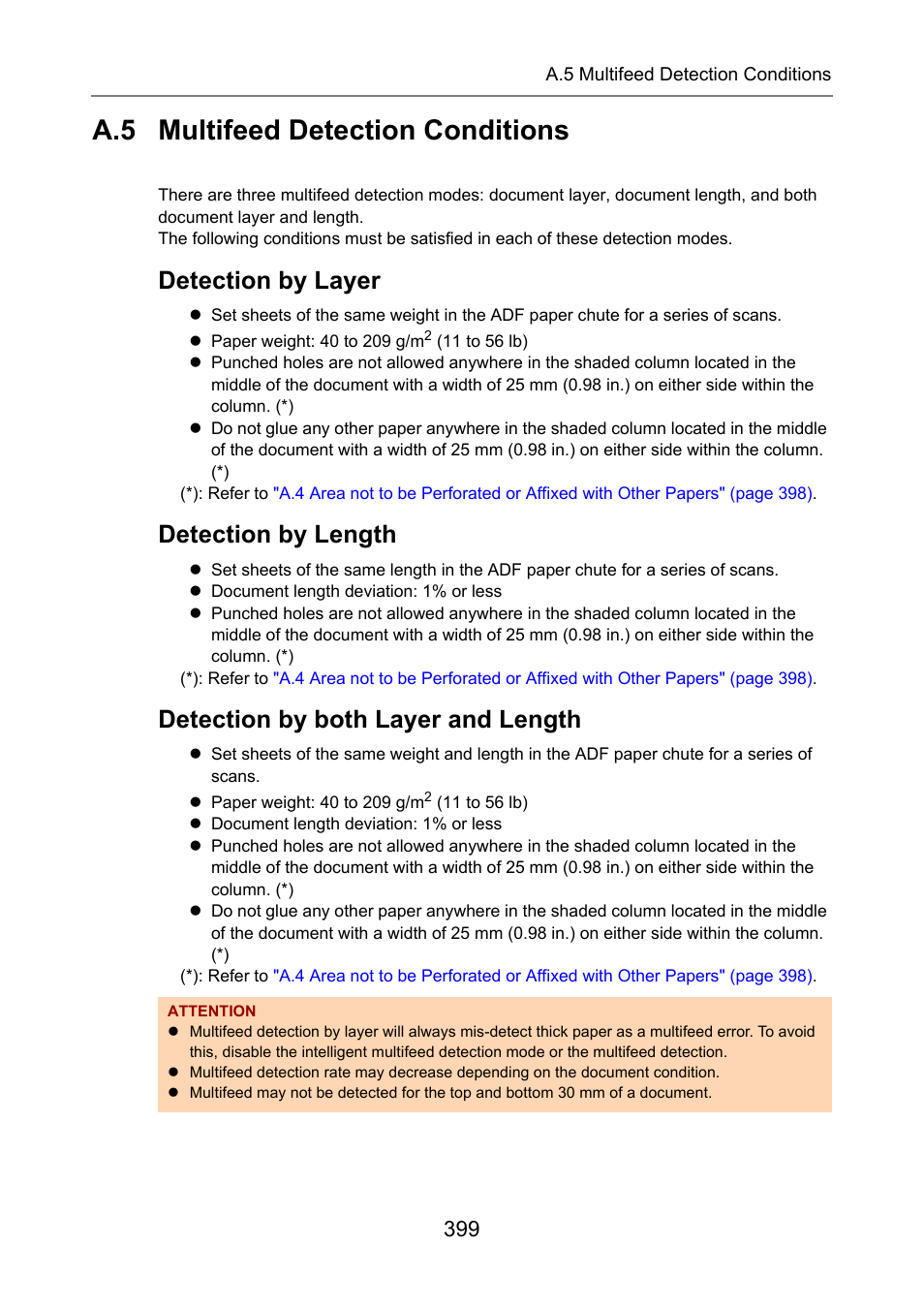 A.5 multifeed detection conditions, Detection by layer, Detection by length | Detection by both layer and length | Fujitsu Ricoh Fujitsu N7100E Network Image Scanner User Manual | Page 399 / 482