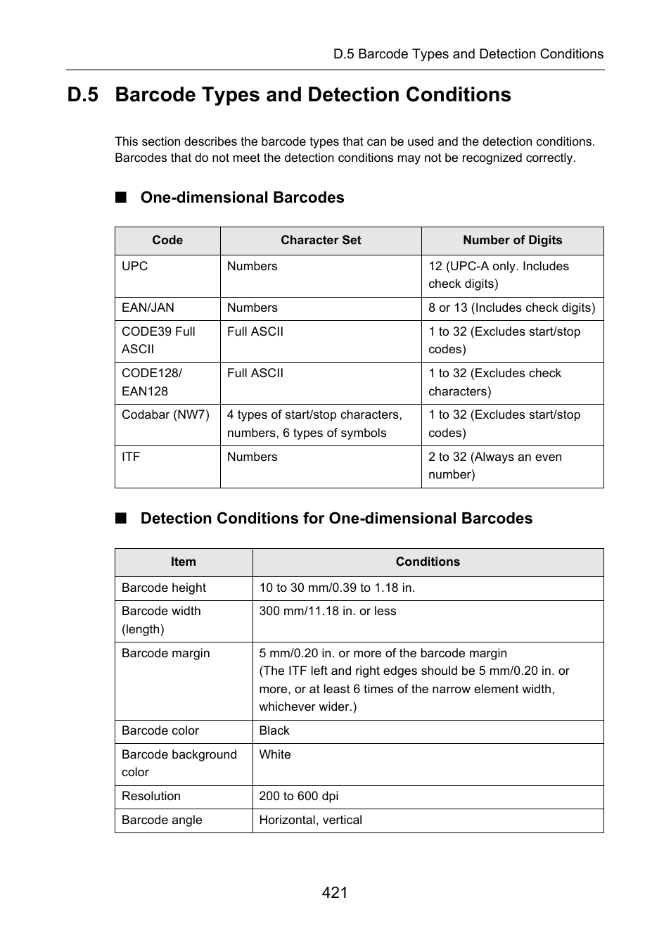 D.5 barcode types and detection conditions, One-dimensional barcodes, Detection conditions for one-dimensional barcodes | Fujitsu Ricoh Fujitsu N7100E Network Image Scanner User Manual | Page 421 / 482