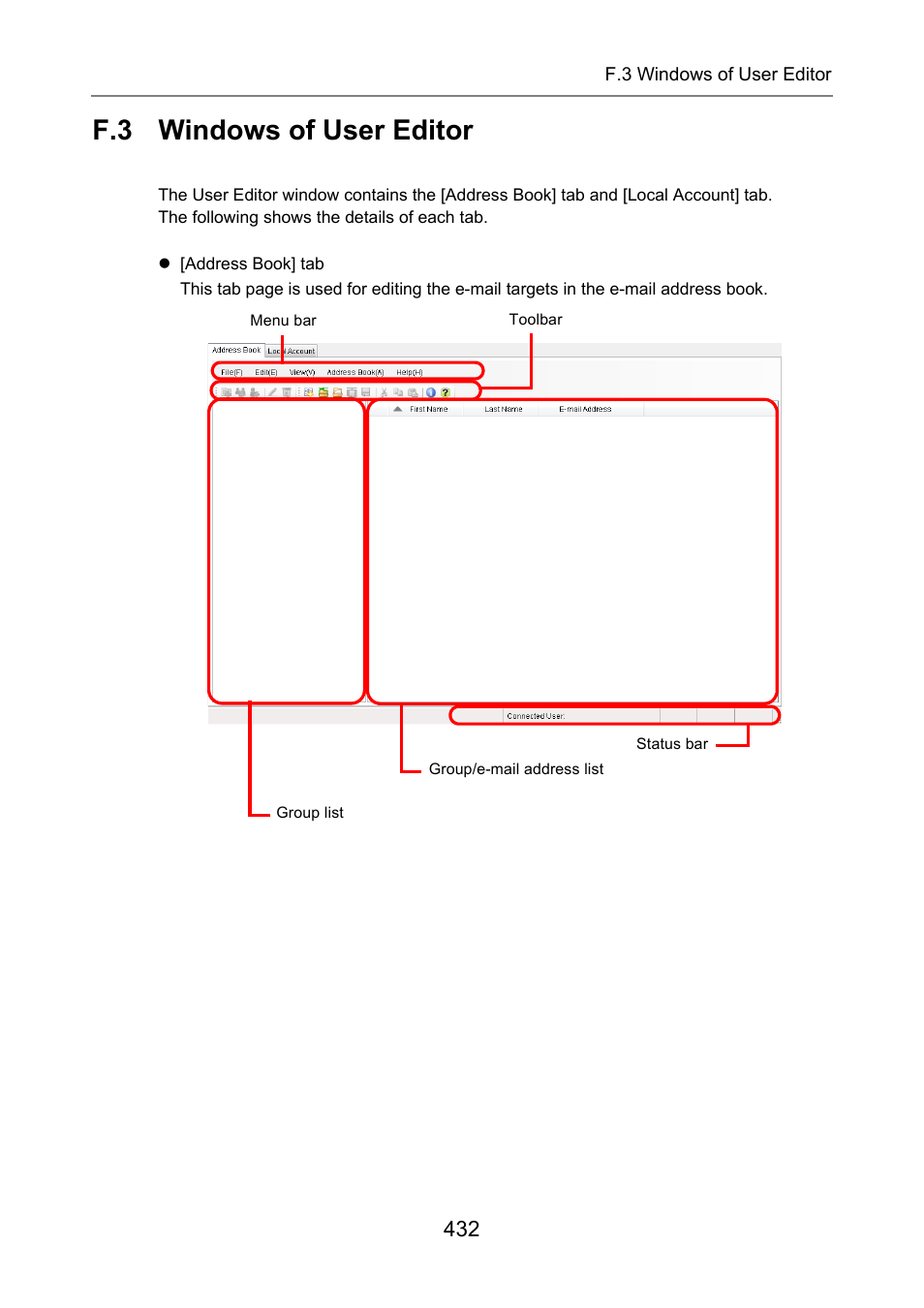 F.3 windows of user editor, Windows of user editor | Fujitsu Ricoh Fujitsu N7100E Network Image Scanner User Manual | Page 432 / 482