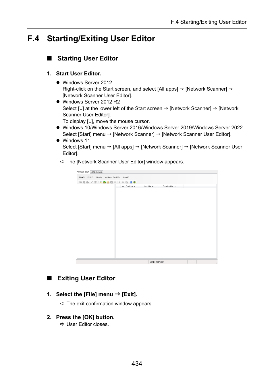F.4 starting/exiting user editor, Starting user editor, Exiting user editor | Starting/exiting user editor, F.4 starting/exiting user | Fujitsu Ricoh Fujitsu N7100E Network Image Scanner User Manual | Page 434 / 482