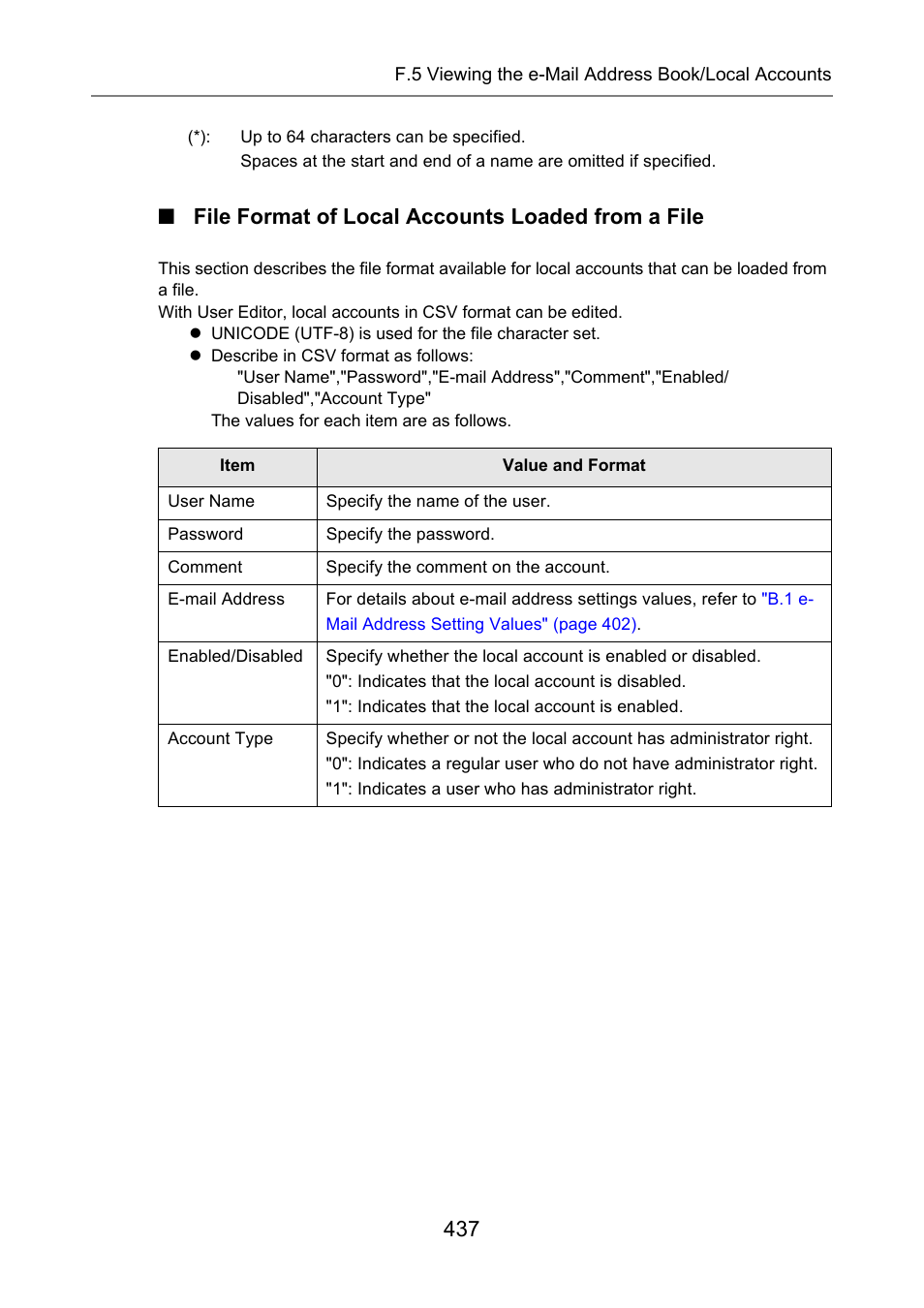 File format of local accounts loaded from a file | Fujitsu Ricoh Fujitsu N7100E Network Image Scanner User Manual | Page 437 / 482