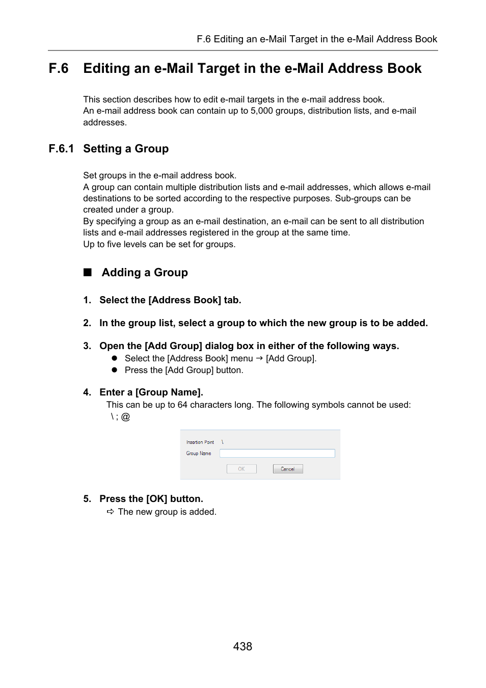 F.6.1 setting a group, Adding a group | Fujitsu Ricoh Fujitsu N7100E Network Image Scanner User Manual | Page 438 / 482
