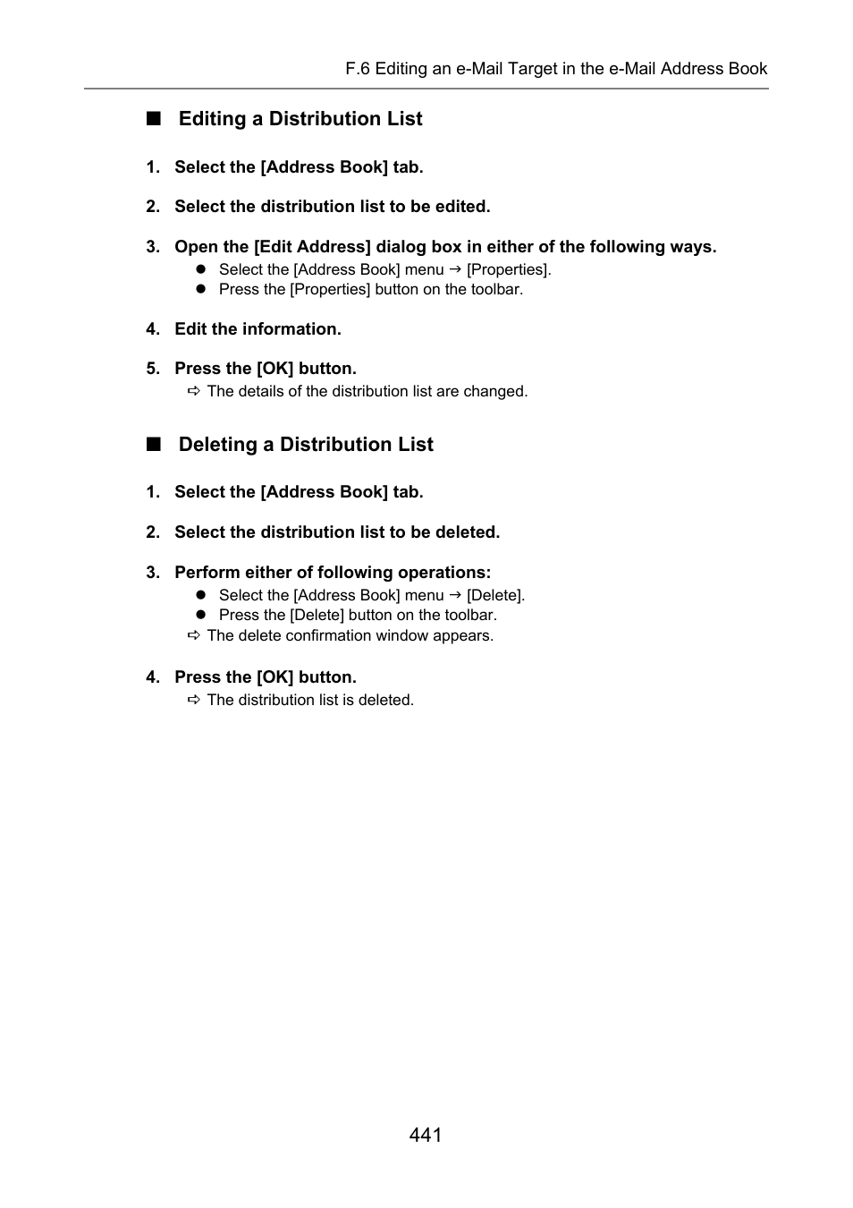 Editing a distribution list, Deleting a distribution list, 441 ■ editing a distribution list | Fujitsu Ricoh Fujitsu N7100E Network Image Scanner User Manual | Page 441 / 482