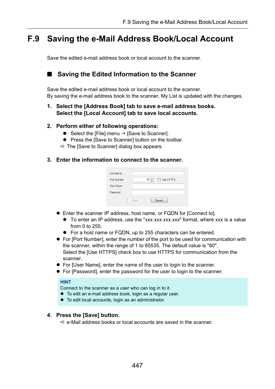 F.9 saving the e-mail address book/local account, Saving the edited information to the scanner, Saving the e-mail address book/local account | Fujitsu Ricoh Fujitsu N7100E Network Image Scanner User Manual | Page 447 / 482