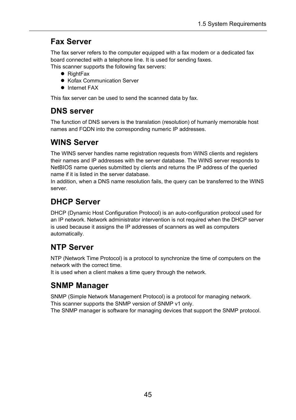 Fax server, Dns server, Wins server | Dhcp server, Ntp server, Snmp manager | Fujitsu Ricoh Fujitsu N7100E Network Image Scanner User Manual | Page 45 / 482