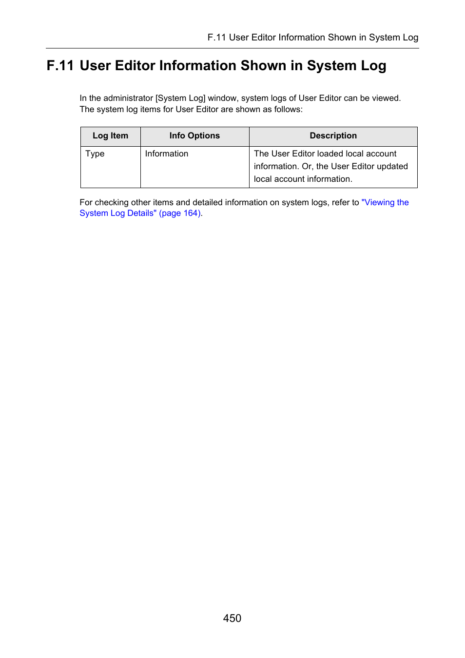 F.11 user editor information shown in system log | Fujitsu Ricoh Fujitsu N7100E Network Image Scanner User Manual | Page 450 / 482