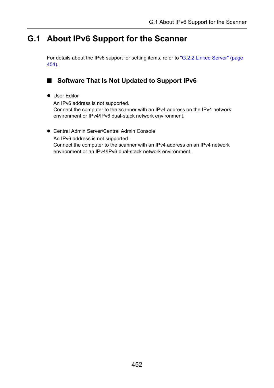 G.1 about ipv6 support for the scanner, Software that is not updated to support ipv6 | Fujitsu Ricoh Fujitsu N7100E Network Image Scanner User Manual | Page 452 / 482