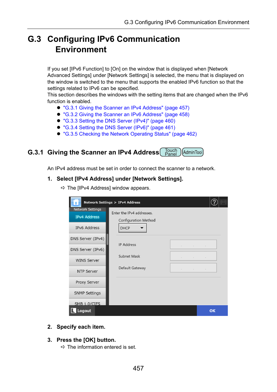 G.3 configuring ipv6 communication environment, G.3.1 giving the scanner an ipv4 address, P.457) | G.3.1 giving the, Scanner an ipv4 address" (p.457) | Fujitsu Ricoh Fujitsu N7100E Network Image Scanner User Manual | Page 457 / 482