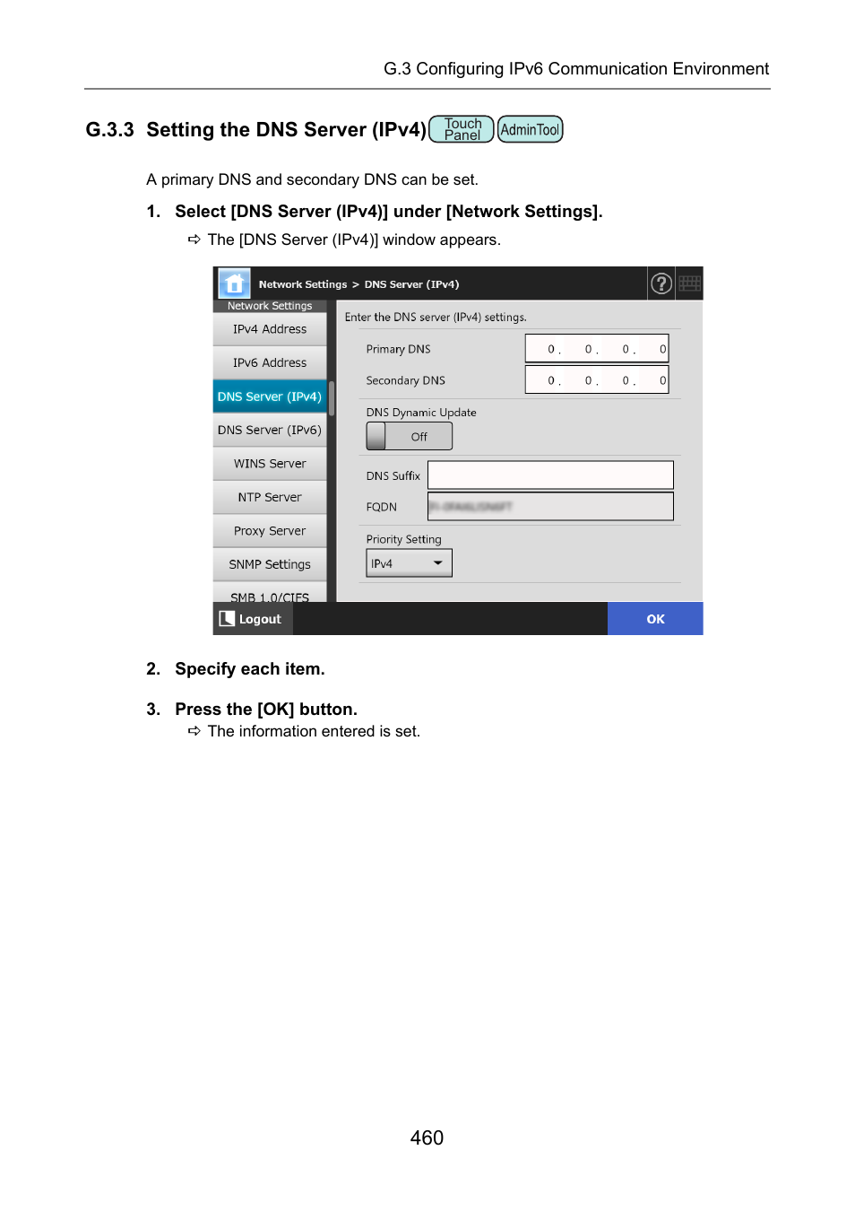 G.3.3 setting the dns server (ipv4), P.460), Dns server (ipv4) | Fujitsu Ricoh Fujitsu N7100E Network Image Scanner User Manual | Page 460 / 482