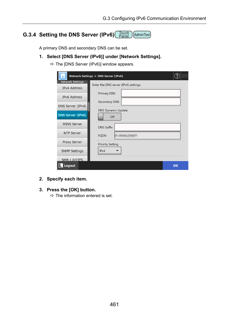 G.3.4 setting the dns server (ipv6), P.461), Dns server (ipv6) | Fujitsu Ricoh Fujitsu N7100E Network Image Scanner User Manual | Page 461 / 482