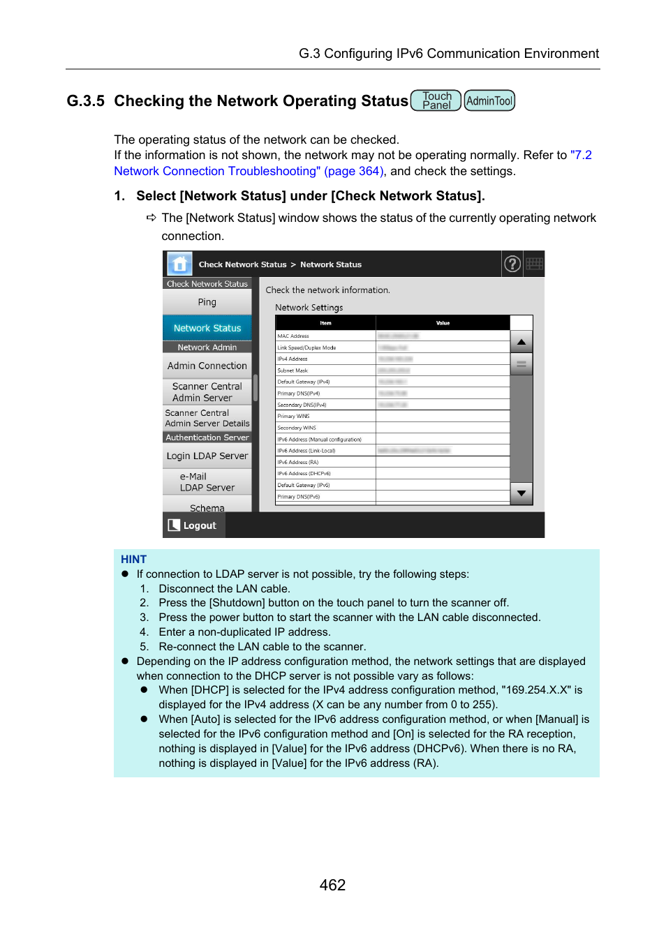 G.3.5 checking the network operating status, P.462), G.3.5 | Checking the network operating status" (p.462), And check that the ip address, subnet mask | Fujitsu Ricoh Fujitsu N7100E Network Image Scanner User Manual | Page 462 / 482