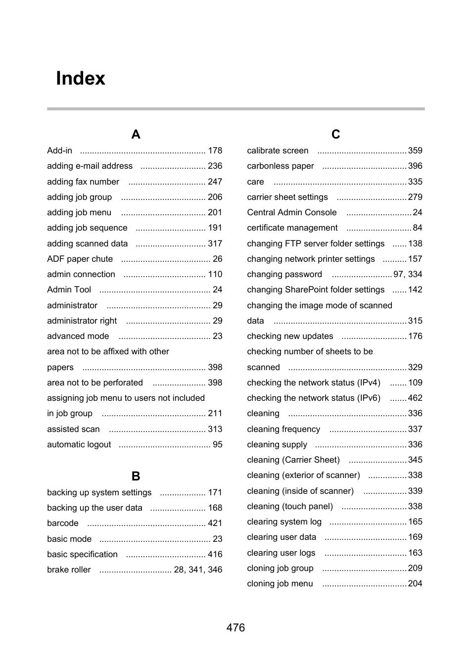 Index | Fujitsu Ricoh Fujitsu N7100E Network Image Scanner User Manual | Page 476 / 482