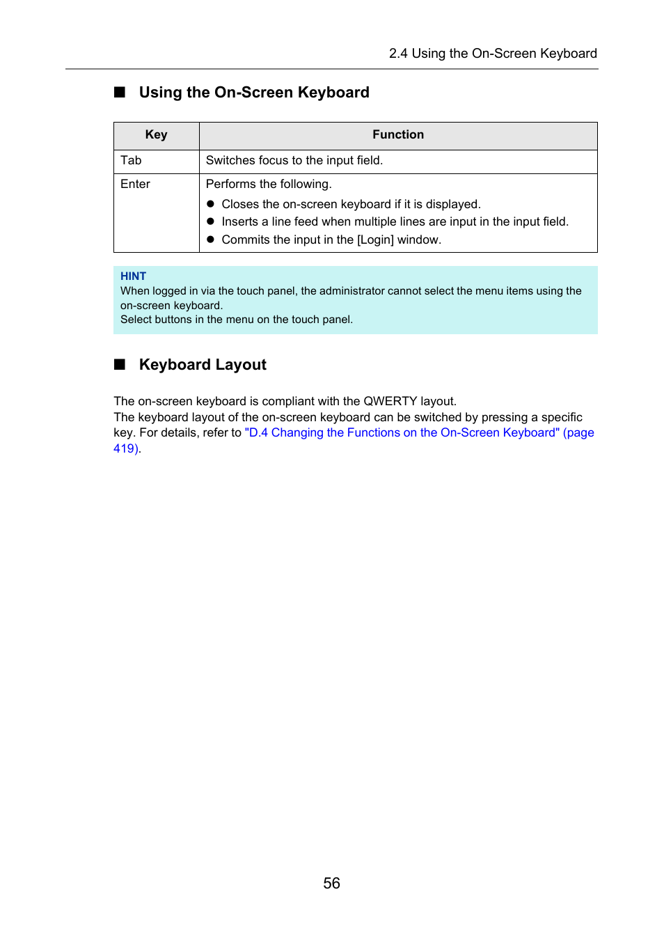 Using the on-screen keyboard, Keyboard layout | Fujitsu Ricoh Fujitsu N7100E Network Image Scanner User Manual | Page 56 / 482