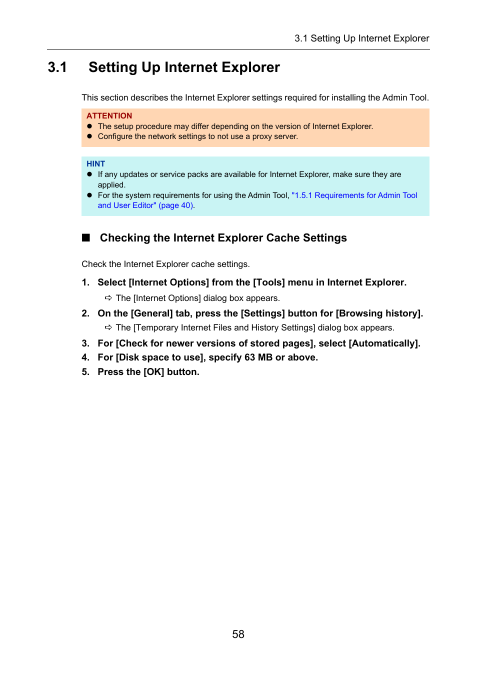 1 setting up internet explorer, Checking the internet explorer cache settings, Setting up internet explorer | Fujitsu Ricoh Fujitsu N7100E Network Image Scanner User Manual | Page 58 / 482