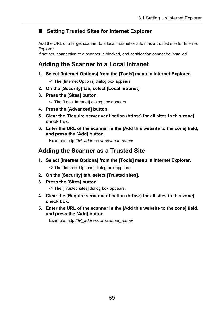 Setting trusted sites for internet explorer, Adding the scanner to a local intranet, Adding the scanner as a trusted site | Fujitsu Ricoh Fujitsu N7100E Network Image Scanner User Manual | Page 59 / 482