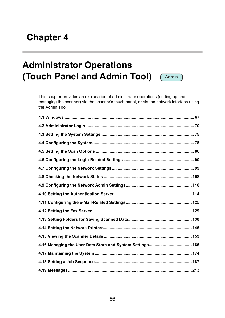 Chapter 4 administrator operations, Touch panel and admin tool) | Fujitsu Ricoh Fujitsu N7100E Network Image Scanner User Manual | Page 66 / 482