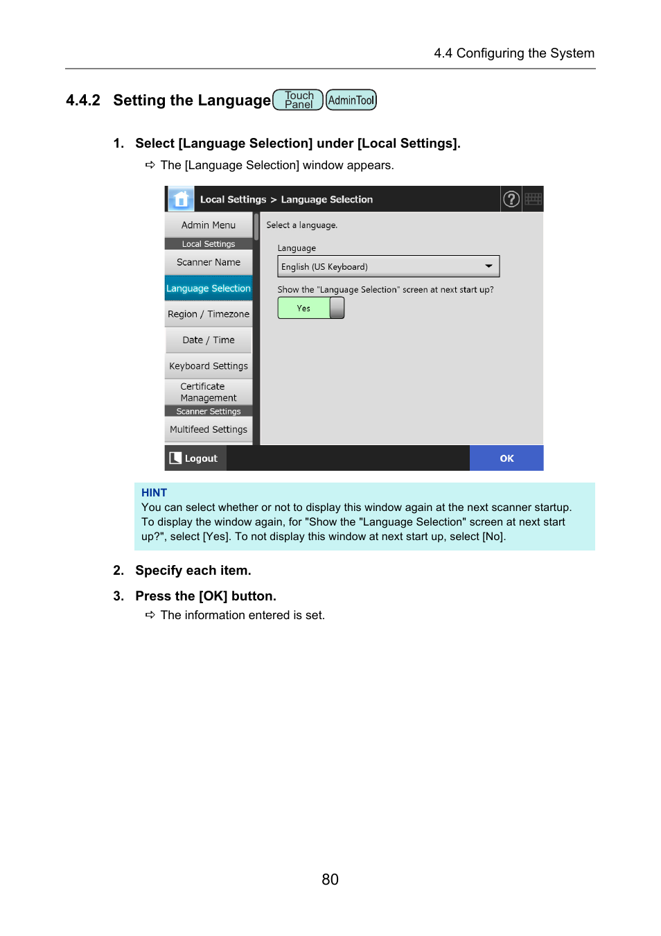 2 setting the language, P.80), Age selection | Fujitsu Ricoh Fujitsu N7100E Network Image Scanner User Manual | Page 80 / 482