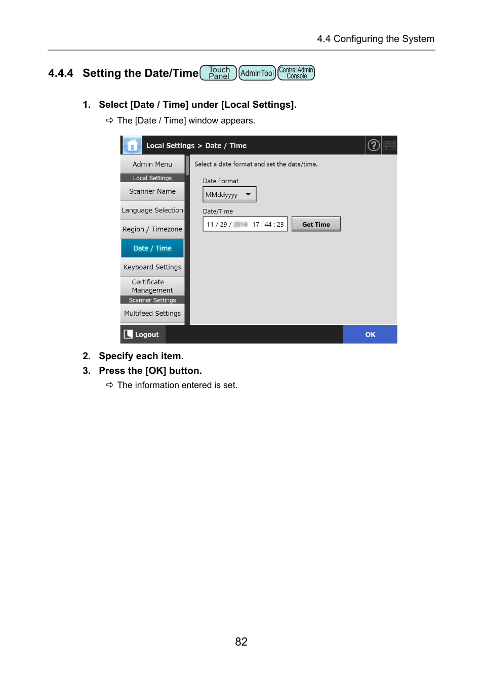 4 setting the date/time, P.82), Te / time | Fujitsu Ricoh Fujitsu N7100E Network Image Scanner User Manual | Page 82 / 482