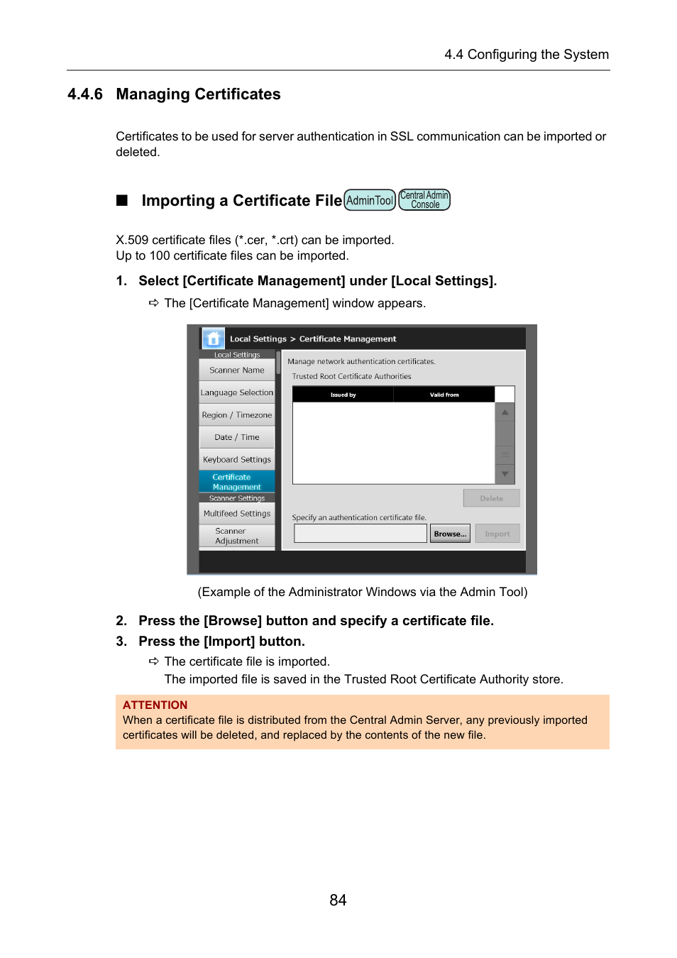 6 managing certificates, Importing a certificate file, Ement | P.84) | Fujitsu Ricoh Fujitsu N7100E Network Image Scanner User Manual | Page 84 / 482