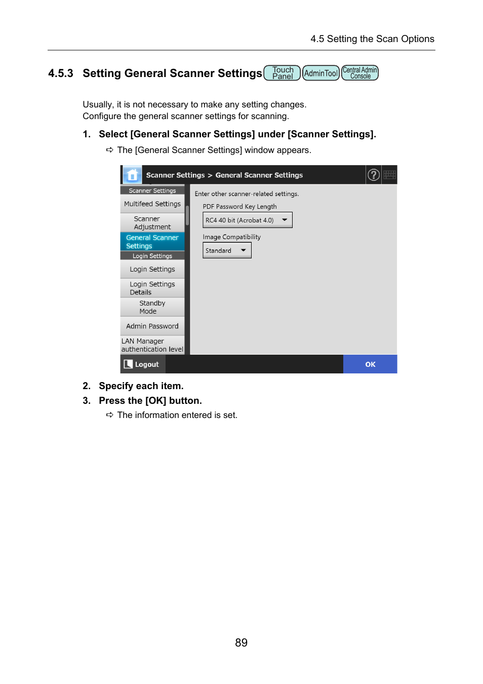 3 setting general scanner settings, R settings, P.89) | Ttings | Fujitsu Ricoh Fujitsu N7100E Network Image Scanner User Manual | Page 89 / 482