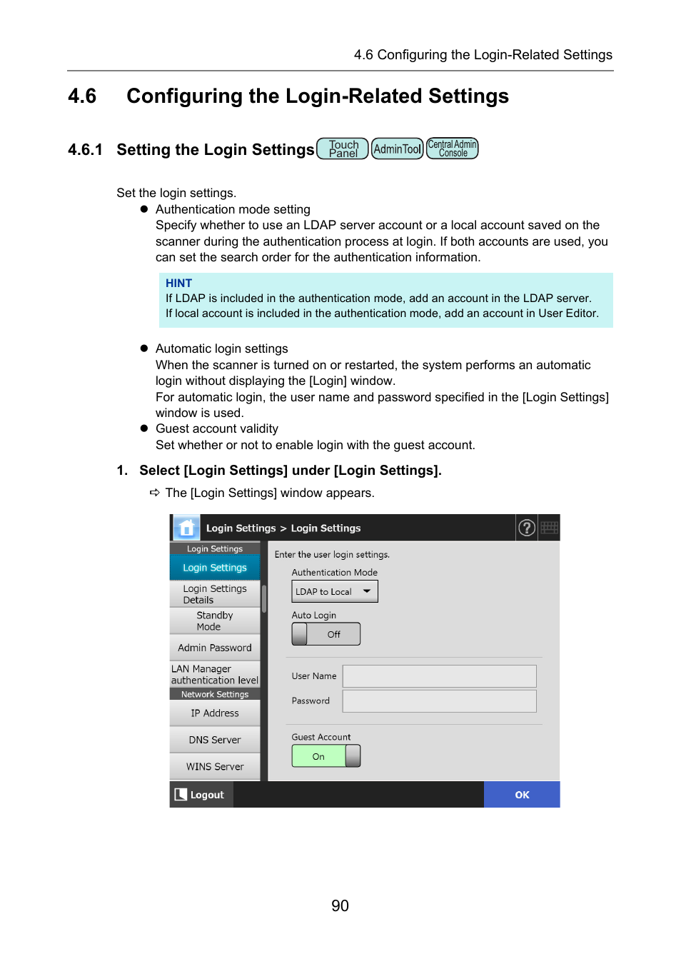 6 configuring the login-related settings, 1 setting the login settings, Configuring the login-related settings | P.90) | Fujitsu Ricoh Fujitsu N7100E Network Image Scanner User Manual | Page 90 / 482