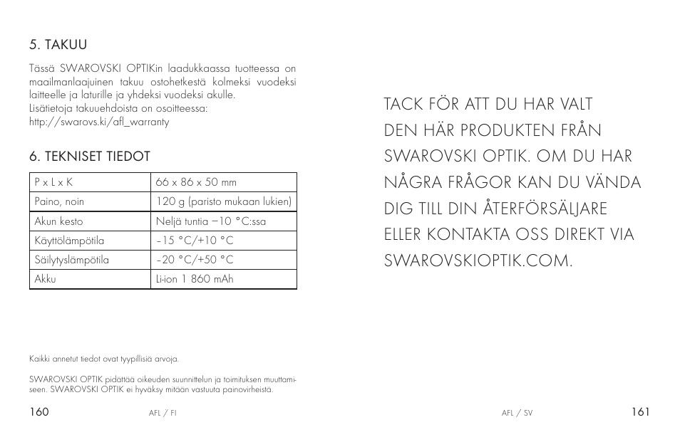 Tekniset tiedot, Takuu | Swarovski AFL Rechargeable Anti-Fog Lens for Z6i, Z8i, dS User Manual | Page 81 / 87