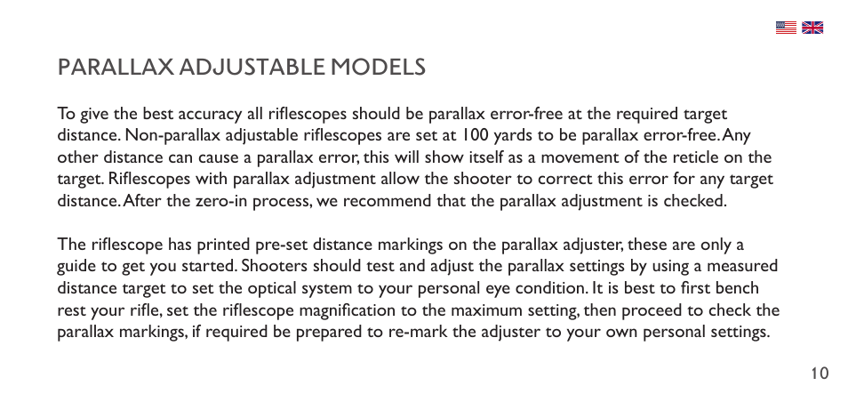 Parallax adjustable models | Hawke Sport Optics 1-4x20 Vantage IR Riflescope (Turkey Dot IR Reticle) User Manual | Page 10 / 74
