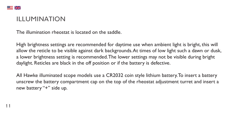 Illumination | Hawke Sport Optics 1-4x20 Vantage IR Riflescope (Turkey Dot IR Reticle) User Manual | Page 11 / 74