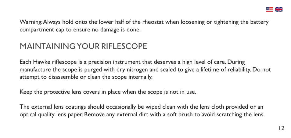 Maintaining your riflescope | Hawke Sport Optics 1-4x20 Vantage IR Riflescope (Turkey Dot IR Reticle) User Manual | Page 12 / 74