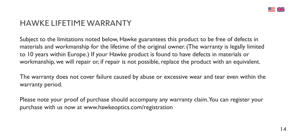 Hawke lifetime warranty | Hawke Sport Optics 1-4x20 Vantage IR Riflescope (Turkey Dot IR Reticle) User Manual | Page 14 / 74