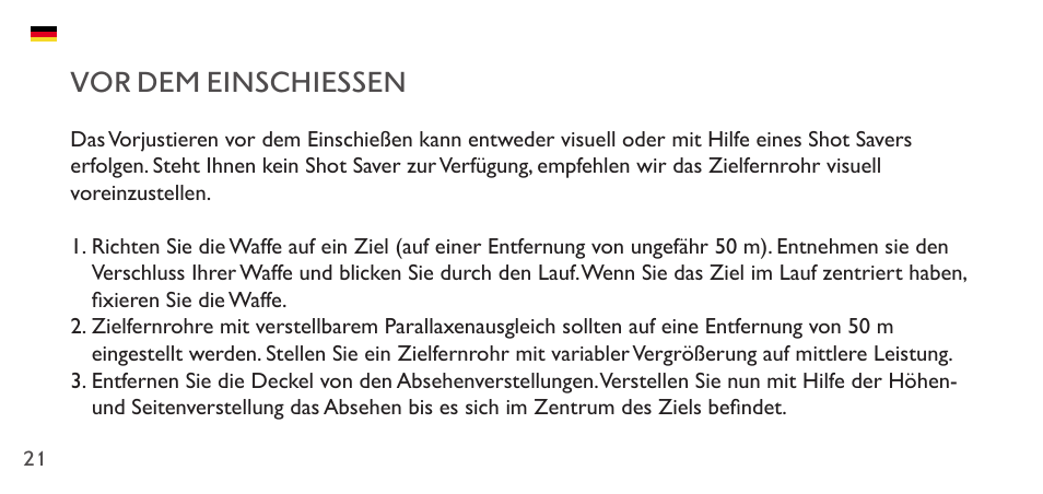 Vor dem einschiessen | Hawke Sport Optics 1-4x20 Vantage IR Riflescope (Turkey Dot IR Reticle) User Manual | Page 21 / 74