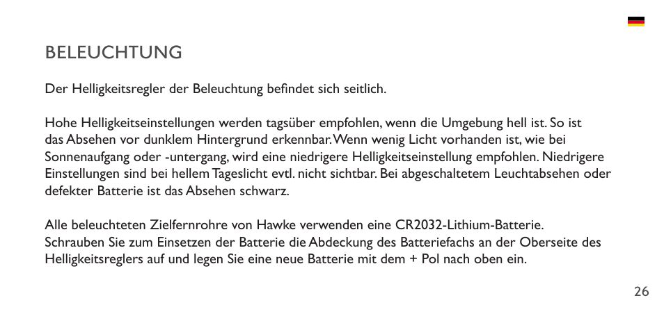 Beleuchtung | Hawke Sport Optics 1-4x20 Vantage IR Riflescope (Turkey Dot IR Reticle) User Manual | Page 26 / 74
