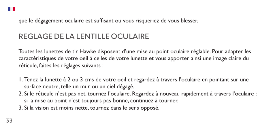 Reglage de la lentille oculaire | Hawke Sport Optics 1-4x20 Vantage IR Riflescope (Turkey Dot IR Reticle) User Manual | Page 33 / 74
