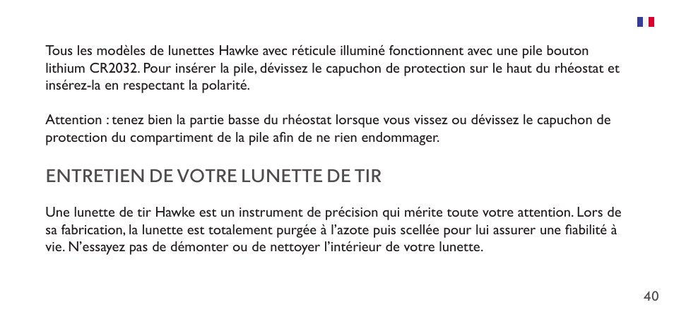 Entretien de votre lunette de tir | Hawke Sport Optics 1-4x20 Vantage IR Riflescope (Turkey Dot IR Reticle) User Manual | Page 40 / 74