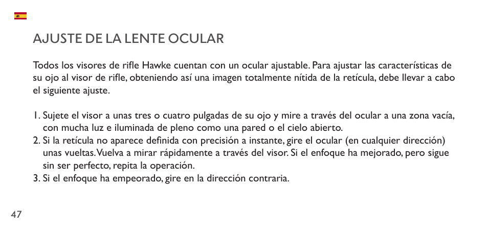 Ajuste de la lente ocular | Hawke Sport Optics 1-4x20 Vantage IR Riflescope (Turkey Dot IR Reticle) User Manual | Page 47 / 74