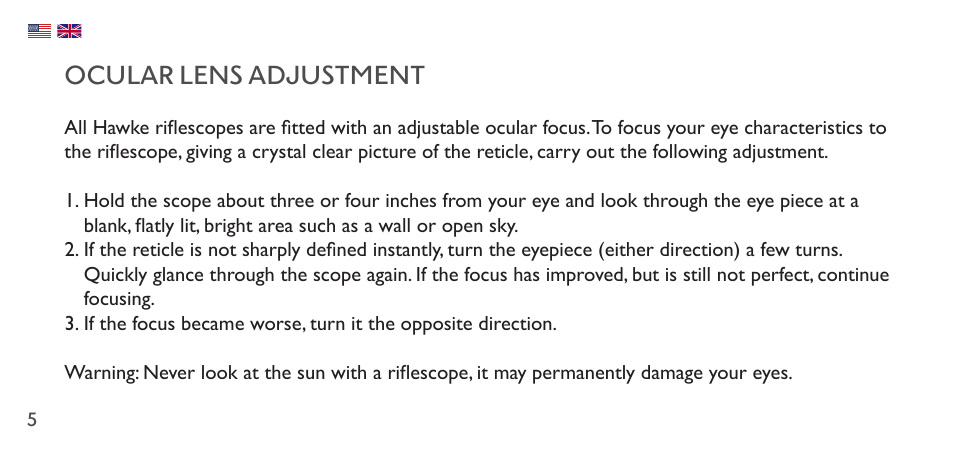 Ocular lens adjustment | Hawke Sport Optics 1-4x20 Vantage IR Riflescope (Turkey Dot IR Reticle) User Manual | Page 5 / 74