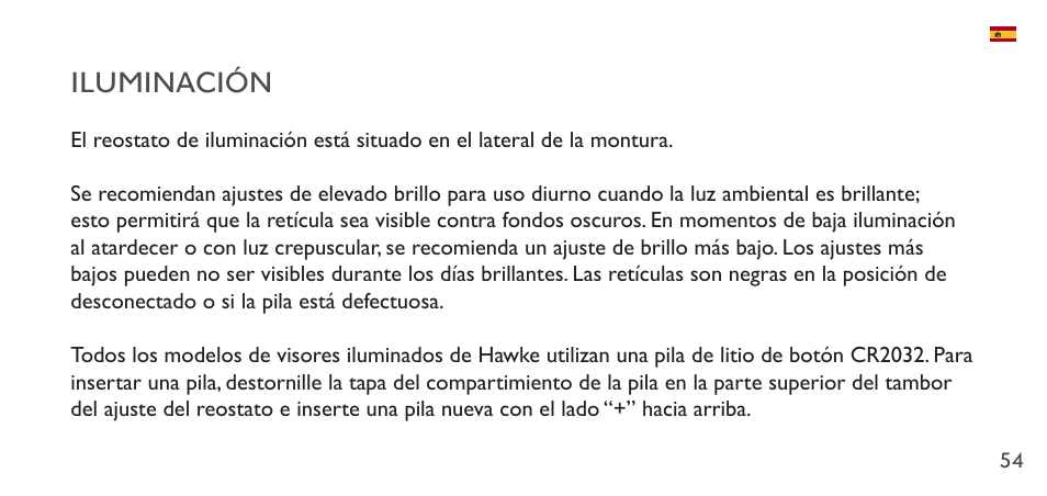 Iluminación | Hawke Sport Optics 1-4x20 Vantage IR Riflescope (Turkey Dot IR Reticle) User Manual | Page 54 / 74
