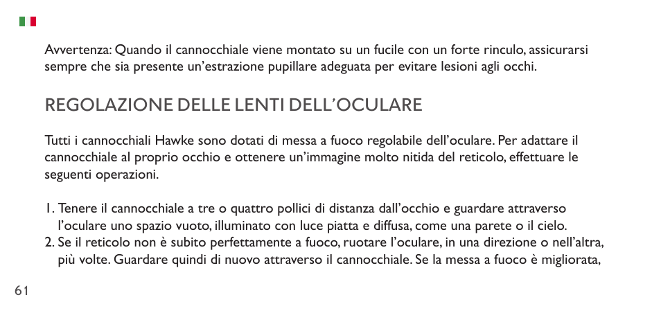 Regolazione delle lenti dell’oculare | Hawke Sport Optics 1-4x20 Vantage IR Riflescope (Turkey Dot IR Reticle) User Manual | Page 61 / 74