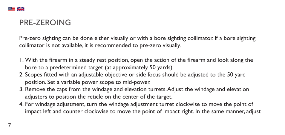 Pre-zeroing | Hawke Sport Optics 1-4x20 Vantage IR Riflescope (Turkey Dot IR Reticle) User Manual | Page 7 / 74