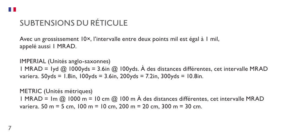 Subtensions du réticule | Hawke Sport Optics 4.5-14x44 Sidewinder 30 SF Riflescope (10x Half Mil Illuminated Reticle) User Manual | Page 7 / 23