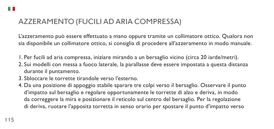 Azzeramento (fucili ad aria compressa) | Hawke Sport Optics 4.5-14x44 Sidewinder 30 SF Riflescope (10x Half Mil Illuminated Reticle) User Manual | Page 115 / 124