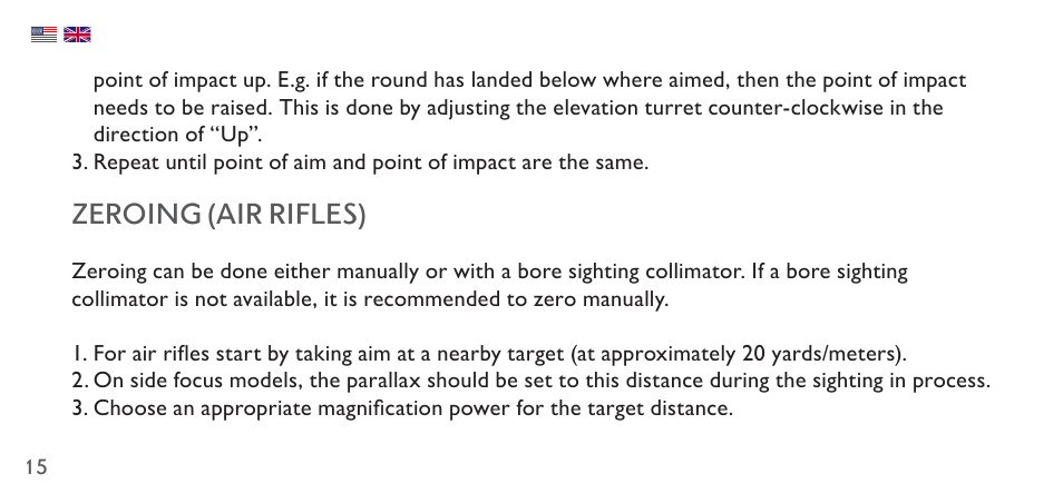 Zeroing (air rifles) | Hawke Sport Optics 4.5-14x44 Sidewinder 30 SF Riflescope (10x Half Mil Illuminated Reticle) User Manual | Page 15 / 124