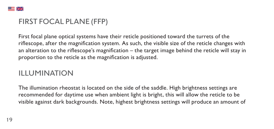 First focal plane (ffp), Illumination | Hawke Sport Optics 4.5-14x44 Sidewinder 30 SF Riflescope (10x Half Mil Illuminated Reticle) User Manual | Page 19 / 124