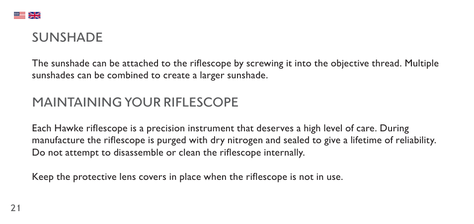 Sunshade, Maintaining your riflescope | Hawke Sport Optics 4.5-14x44 Sidewinder 30 SF Riflescope (10x Half Mil Illuminated Reticle) User Manual | Page 21 / 124